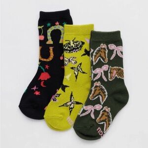 BAGGU Kids Crew Sock Set of 3 Prints - Sz Small - Bows Horses Cherry Nature NWT